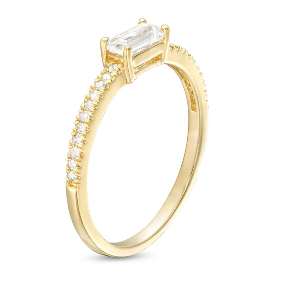 Sideways Baguette White Lab-Created Sapphire and 1/10 CT. T.w. Diamond Pavé Ring in 10K Gold