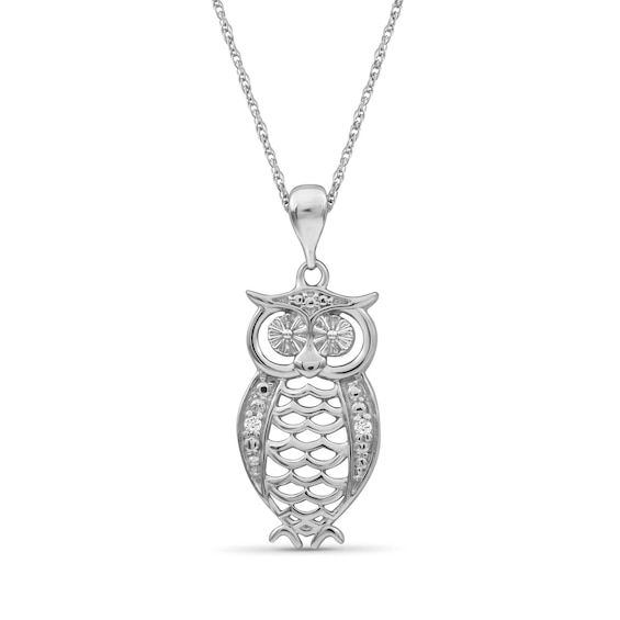 Diamond Accent Beaded Owl with Cut-Out Feathers Drop Pendant in Sterling Silver