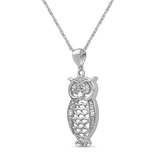 Diamond Accent Beaded Owl with Cut-Out Feathers Drop Pendant in Sterling Silver