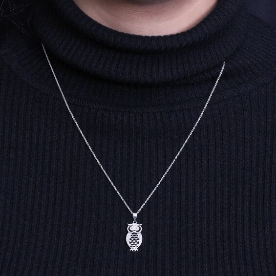 Diamond Accent Beaded Owl with Cut-Out Feathers Drop Pendant in Sterling Silver