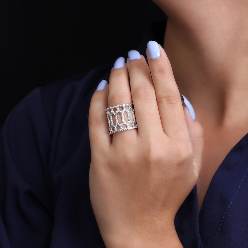 Main Image 3 of 1/6 CT. T.W. Diamond Hexagonal Cut-Out Elongated Barrel Geometric Band in Sterling Silver