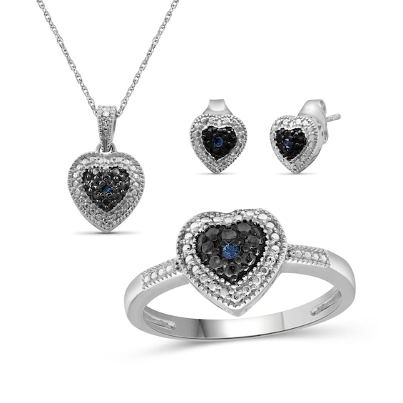 Heart-Shaped Blue Multi-Diamond Accent Frame Vintage Style Pendant, Earrings, and Ring Set in Sterling Silver - Size 7