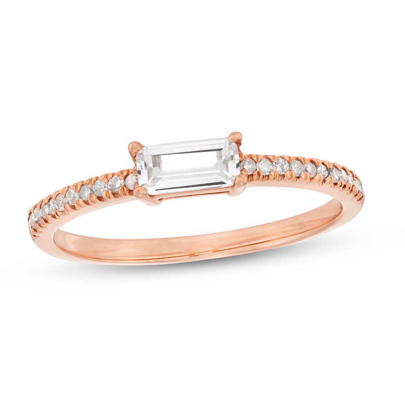 Main Image 1 of Sideways Baguette White Lab-Created Sapphire and 1/10 CT. T.W. Diamond Pavé Ring in 10K Rose Gold