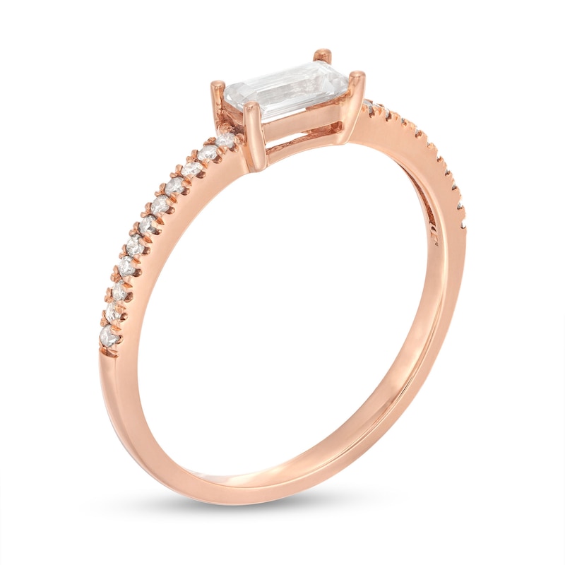 Main Image 3 of Sideways Baguette White Lab-Created Sapphire and 1/10 CT. T.W. Diamond Pavé Ring in 10K Rose Gold