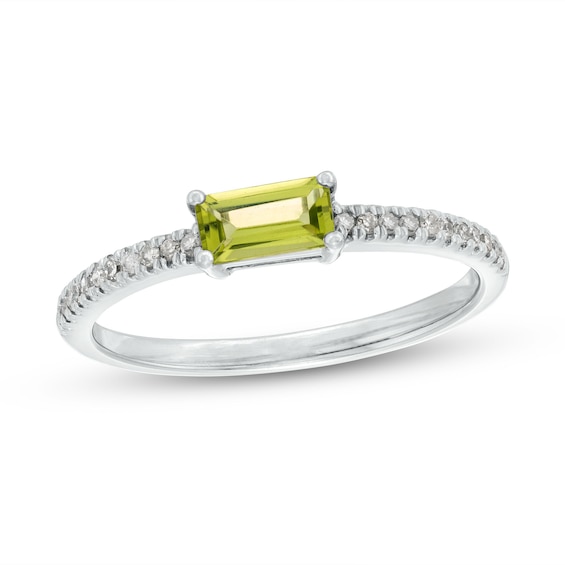 Sideways Baguette Peridot and 1/10 CT. T.w. Diamond Pavé Ring in 10K White Gold