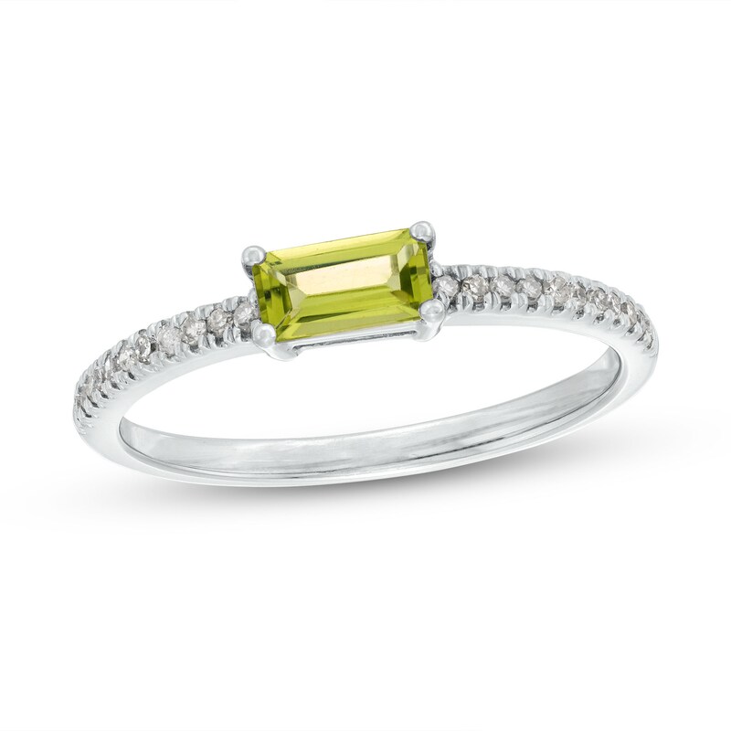 Sideways Baguette Peridot and 1/10 CT. T.W. Diamond Pavé Ring in 10K White Gold