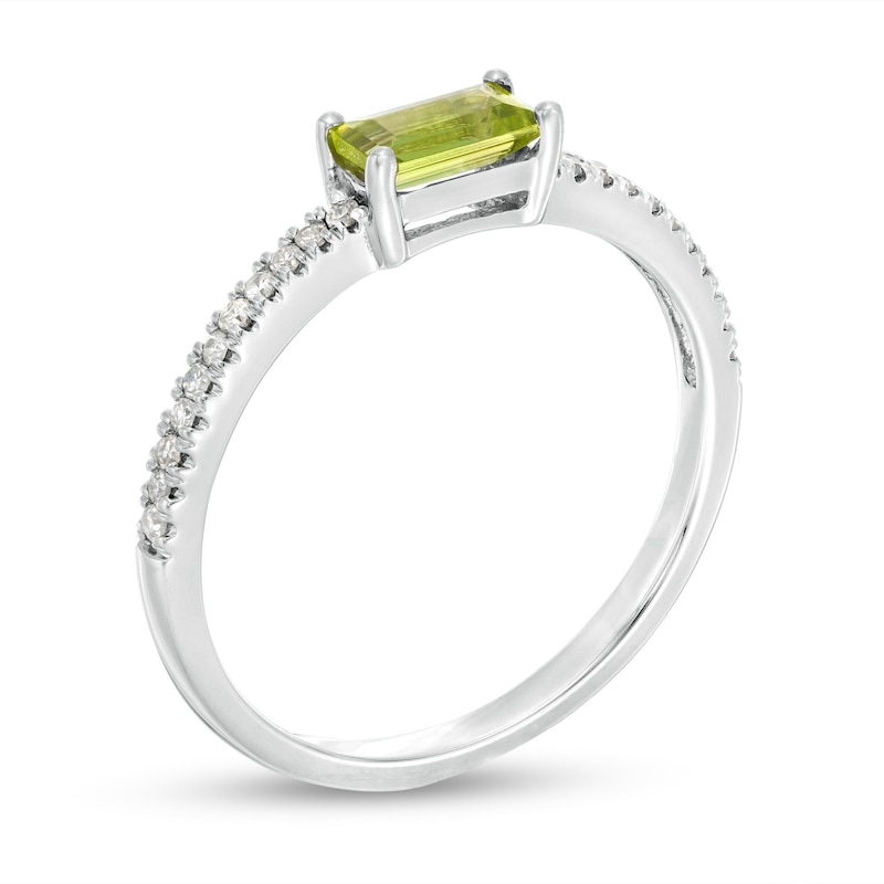 Sideways Baguette Peridot and 1/10 CT. T.W. Diamond Pavé Ring in 10K White Gold