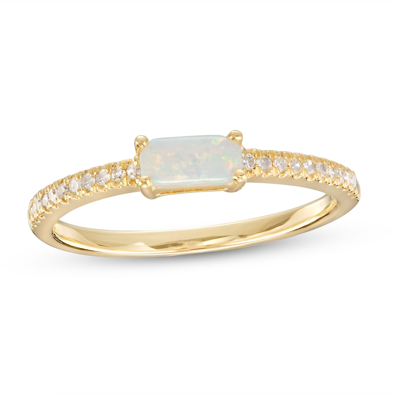 Sideways Baguette Lab-Created Opal and 1/10 CT. T.W. Diamond Pavé Ring in 10K Gold