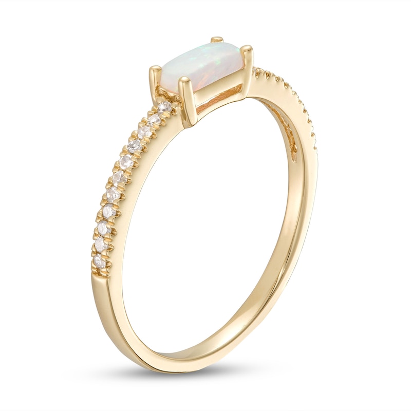 Sideways Baguette Lab-Created Opal and 1/10 CT. T.W. Diamond Pavé Ring in 10K Gold