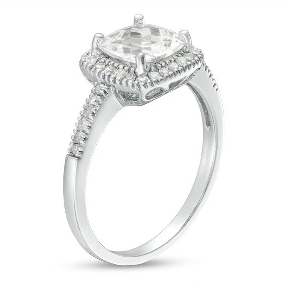 7.0mm Checkerboard Cushion-Shaped White Lab-Created Sapphire and 1/5 CT. T.w. Diamond Frame PavÃ© Ring in 10K White Gold