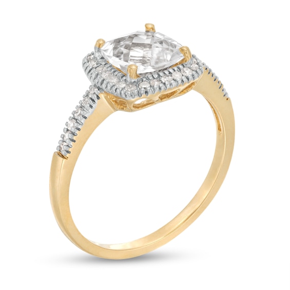 7.0mm Checkerboard Cushion-Shaped White Lab-Created Sapphire and 1/5 CT. T.w. Diamond Frame PavÃ© Ring in 10K Gold