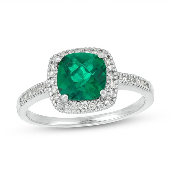 7.0mm Checkerboard Cushion-Shaped Lab-Created Emerald and 1/5 CT. T.w. Diamond Frame Ring in 10K White Gold