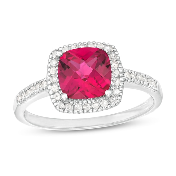 7.0mm Checkerboard Cushion-Shaped Lab-Created Ruby and 1/5 CT. T.w. Diamond Frame Ring in 10K Gold