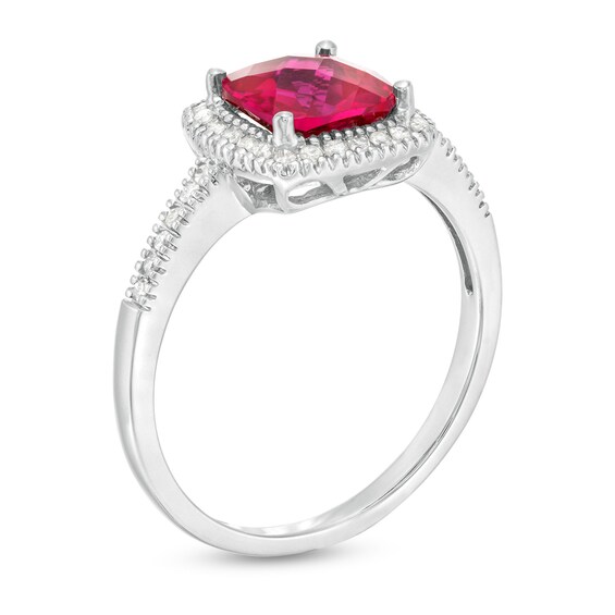7.0mm Checkerboard Cushion-Shaped Lab-Created Ruby and 1/5 CT. T.w. Diamond Frame Ring in 10K Gold