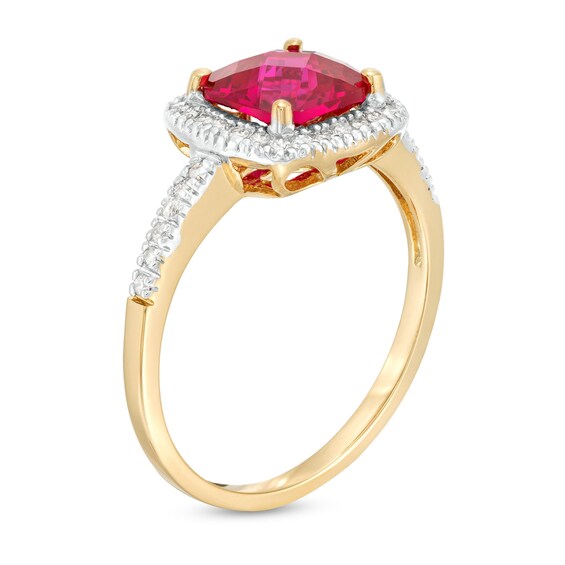7.0mm Checkerboard Cushion-Shaped Lab-Created Ruby and 1/5 CT. T.w. Diamond Frame Ring in 10K Gold
