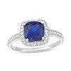 Thumbnail Image 1 of 7.0mm Checkerboard Cushion-Cut Blue Lab-Created Sapphire and 1/5 CT. T.W. Diamond Frame Ring in 10K White Gold