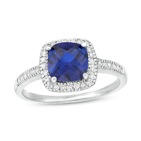 7.0mm Checkerboard Cushion-Cut Blue Lab-Created Sapphire and 1/5 CT. T.w. Diamond Frame Ring in 10K White Gold