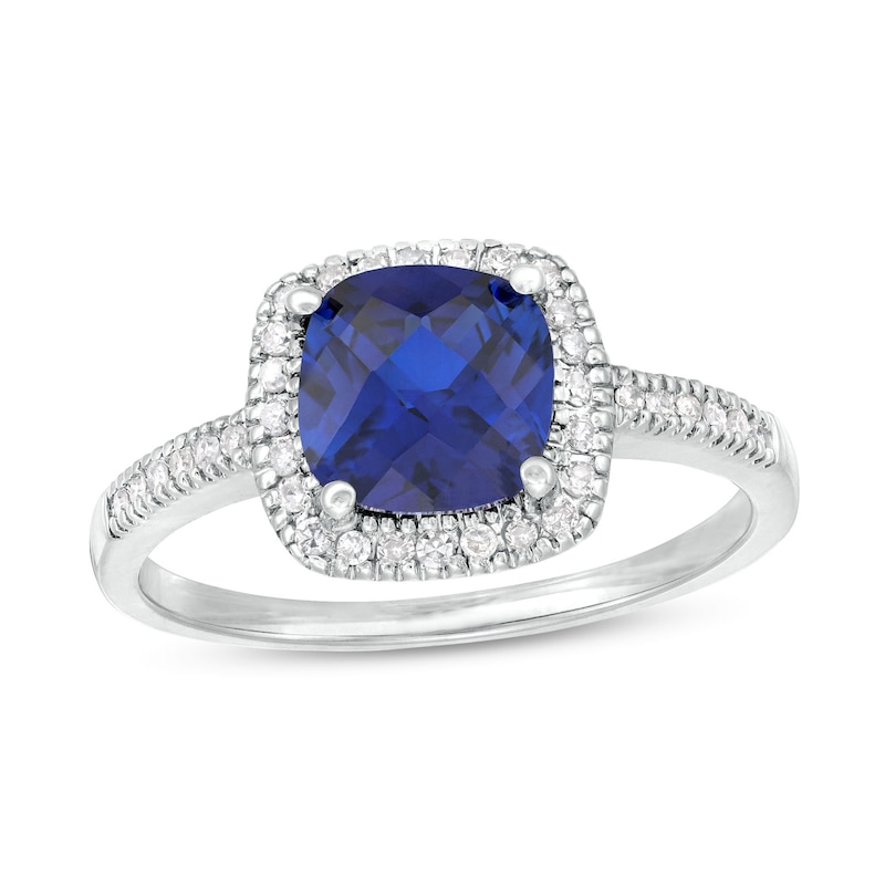 Main Image 1 of 7.0mm Checkerboard Cushion-Cut Blue Lab-Created Sapphire and 1/5 CT. T.W. Diamond Frame Ring in 10K White Gold