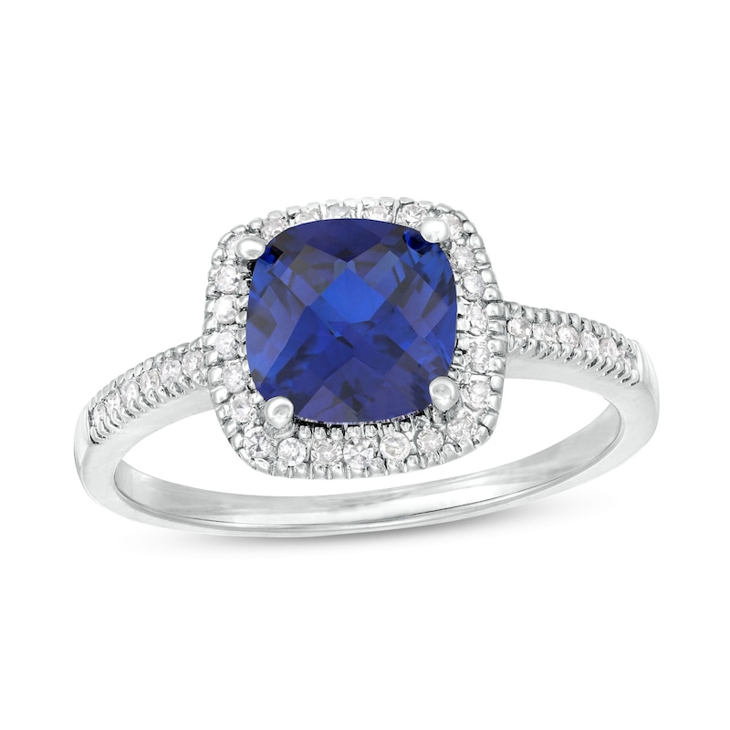 7.0mm Checkerboard Cushion-Cut Blue Lab-Created Sapphire and 1/5 CT. T ...