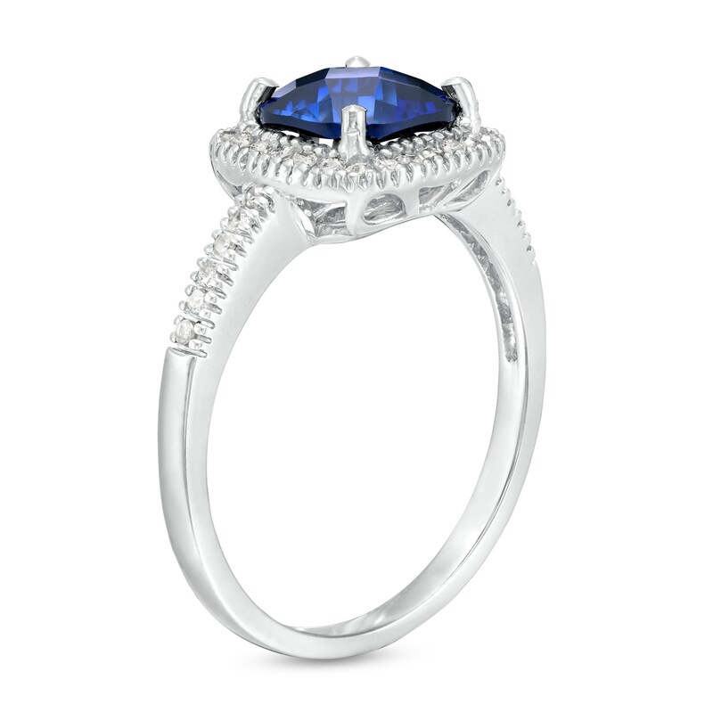 Main Image 3 of 7.0mm Checkerboard Cushion-Cut Blue Lab-Created Sapphire and 1/5 CT. T.W. Diamond Frame Ring in 10K White Gold