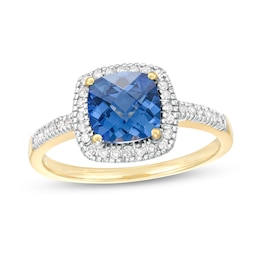 7.0mm Checkerboard Cushion-Shaped Blue Lab-Created Sapphire and 1/5 CT. T.W. Diamond Frame Ring in 10K Gold