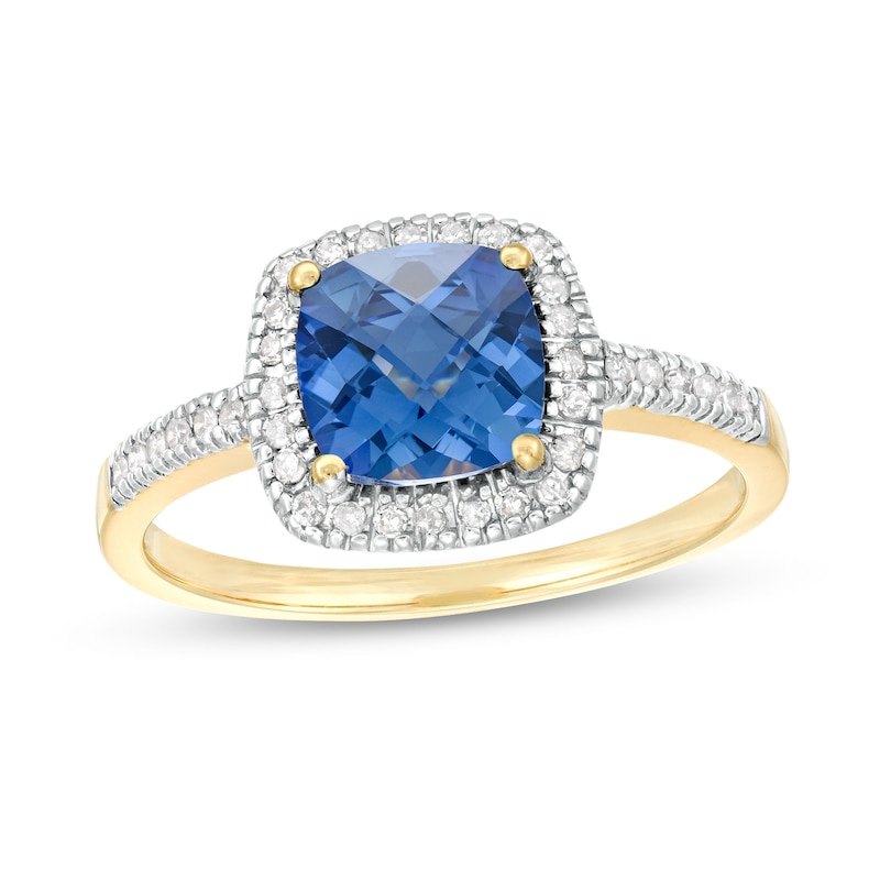 Main Image 1 of 7.0mm Checkerboard Cushion-Shaped Blue Lab-Created Sapphire and 1/5 CT. T.W. Diamond Frame Ring in 10K Gold