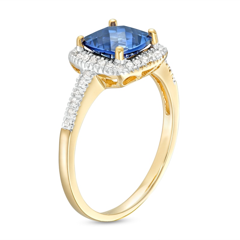 Main Image 3 of 7.0mm Checkerboard Cushion-Shaped Blue Lab-Created Sapphire and 1/5 CT. T.W. Diamond Frame Ring in 10K Gold
