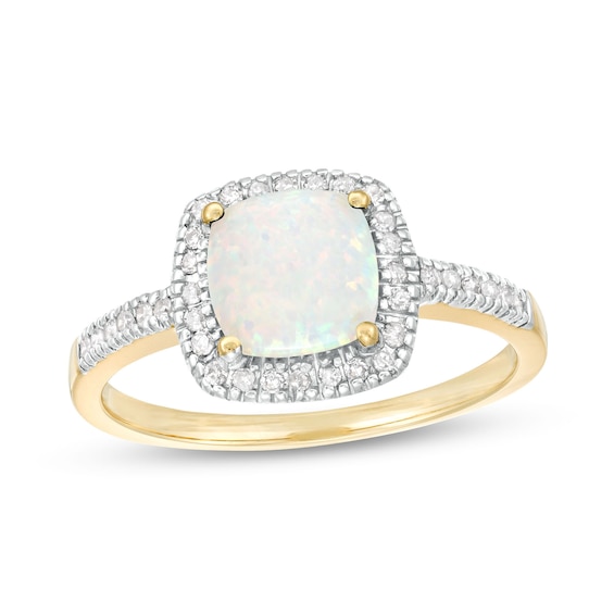 7.0mm Cushion-Shaped Cabochon Lab-Created Opal and 1/5 CT. T.w. Diamond Frame Ring in 10K Gold