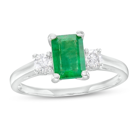 Emerald-Cut Emerald and 1/5 CT. T.w. Diamond Three Stone Ring 14K White Gold