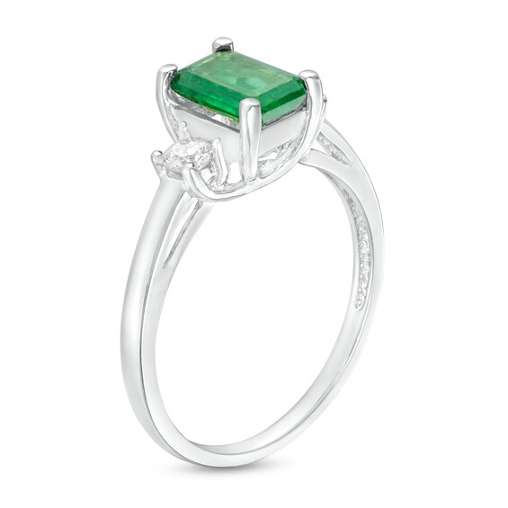 Emerald-Cut Emerald and 1/5 CT. T.w. Diamond Three Stone Ring 14K White Gold