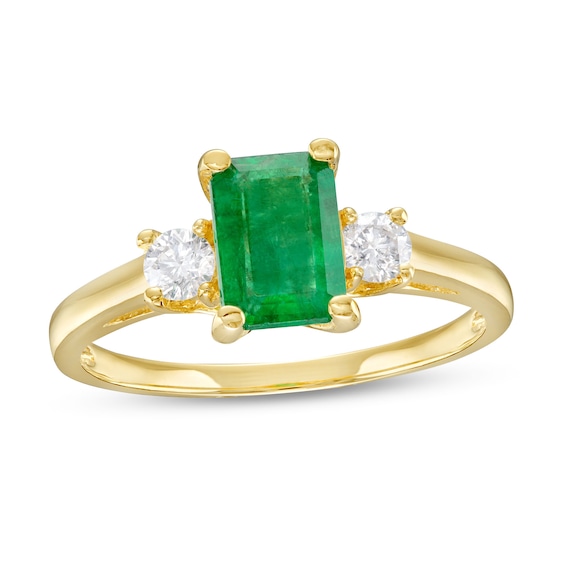 Emerald-Cut Emerald and 1/5 CT. T.w. Diamond Three Stone Ring 14K Gold