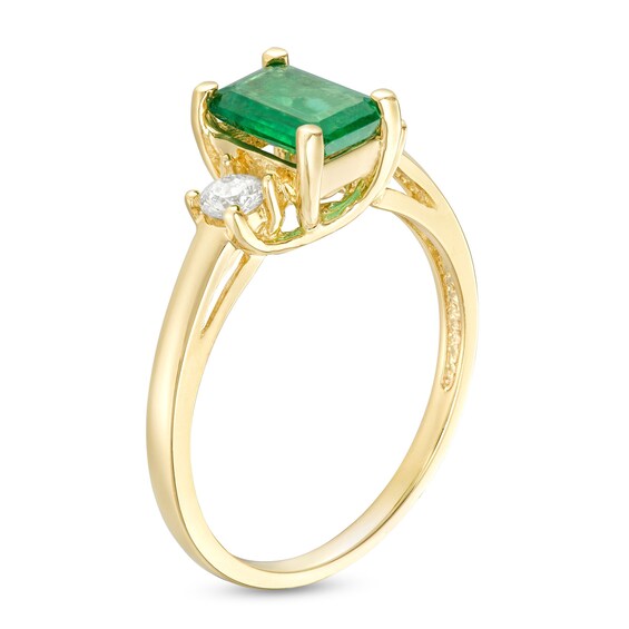 Emerald-Cut Emerald and 1/5 CT. T.w. Diamond Three Stone Ring in 14K Gold