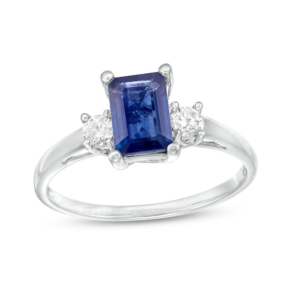 Emerald-Cut Blue Sapphire and 1/5 CT. T.w. Diamond Three Stone Ring in 14K White Gold