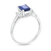 Thumbnail Image 3 of Emerald-Cut Blue Sapphire and 1/5 CT. T.W. Diamond Three Stone Ring in 14K White Gold