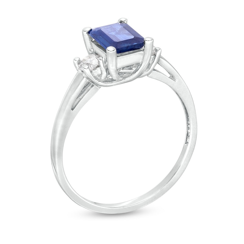Main Image 3 of Emerald-Cut Blue Sapphire and 1/5 CT. T.W. Diamond Three Stone Ring in 14K White Gold