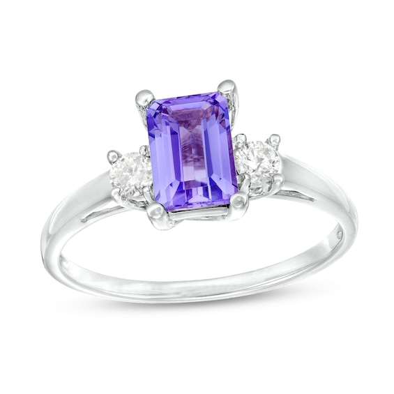 Emerald-Cut Tanzanite and 1/5 CT. T.w. Diamond Three Stone Ring in 14K White Gold