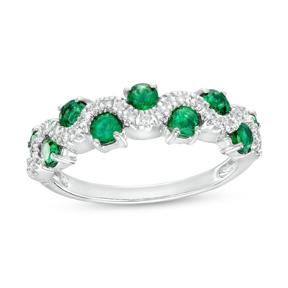 3.0mm Emerald and 1/6 CT. T.w. Diamond Staggered Wave Band in 14K Gold