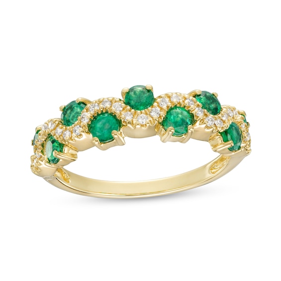 3.0mm Emerald and 1/6 CT. T.w. Diamond Staggered Wave Band in 14K Gold