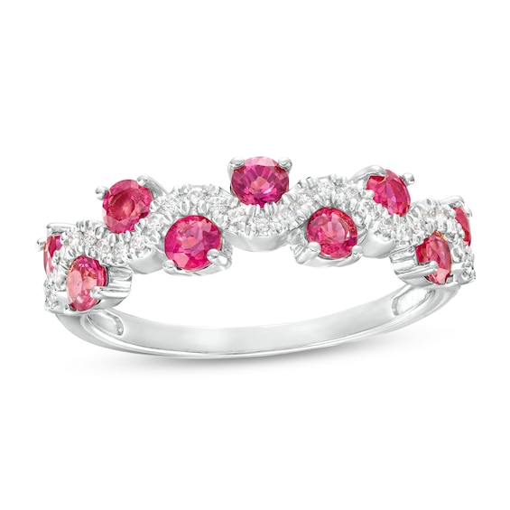 3.0mm Ruby and 1/6 CT. T.w. Diamond Staggered Wave Band in 14K White Gold