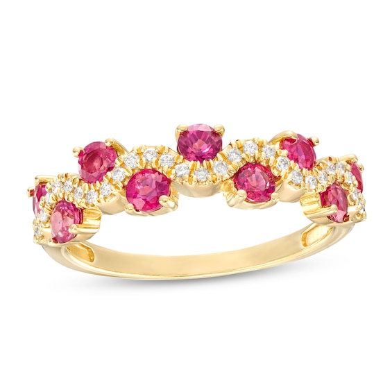 3.0mm Ruby and 1/6 CT. T.w. Diamond Staggered Wave Band in 14K Gold
