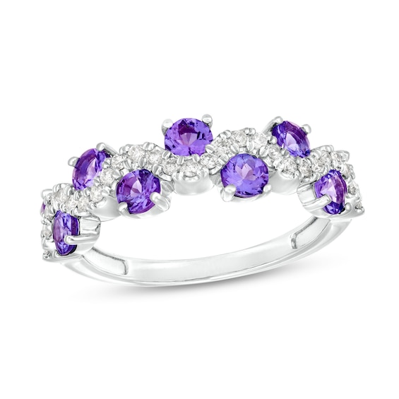 3.0mm Tanzanite and 1/6 CT. T.w. Diamond Staggered Wave Band in 14K White Gold