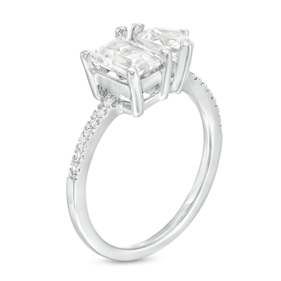 Heart-Shaped and Emerald-Cut White Lab-Created Sapphire and 1/15 CT. T.w. Diamond Ring in 10K White Gold