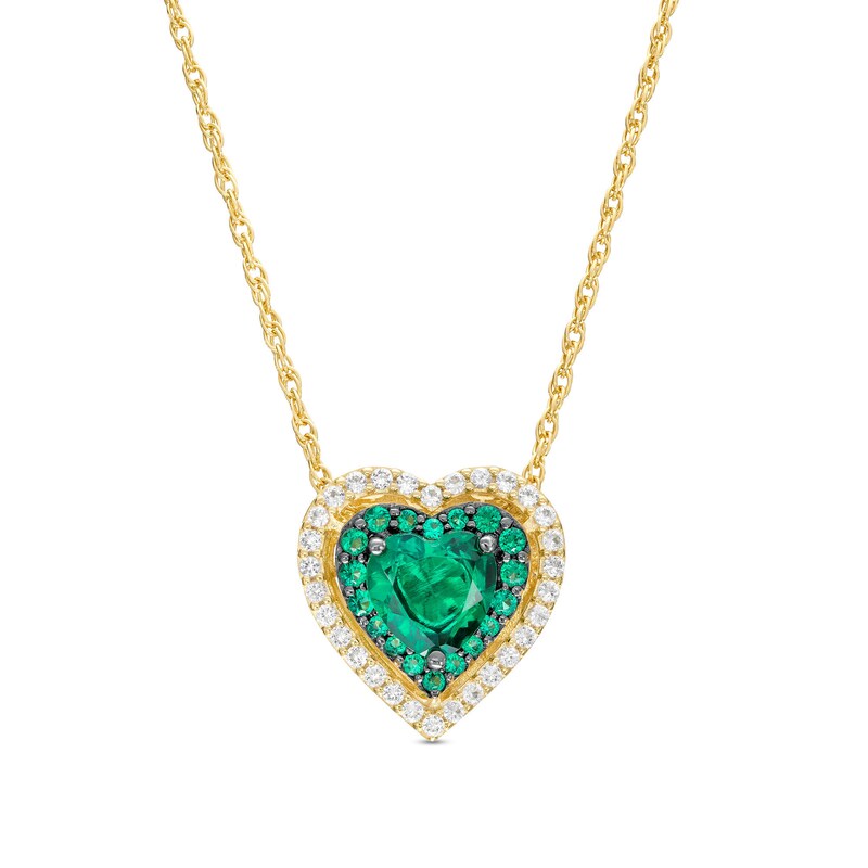 Main Image 1 of Lab-Created Emerald and White Lab-Created Sapphire Double Frame Heart Pendant in Sterling Silver with 14K Gold Plate
