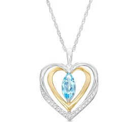 Marquise Swiss Blue Topaz and White Lab-Created Sapphire Open Double Heart Pendant in Sterling Silver and 14K Gold Plate