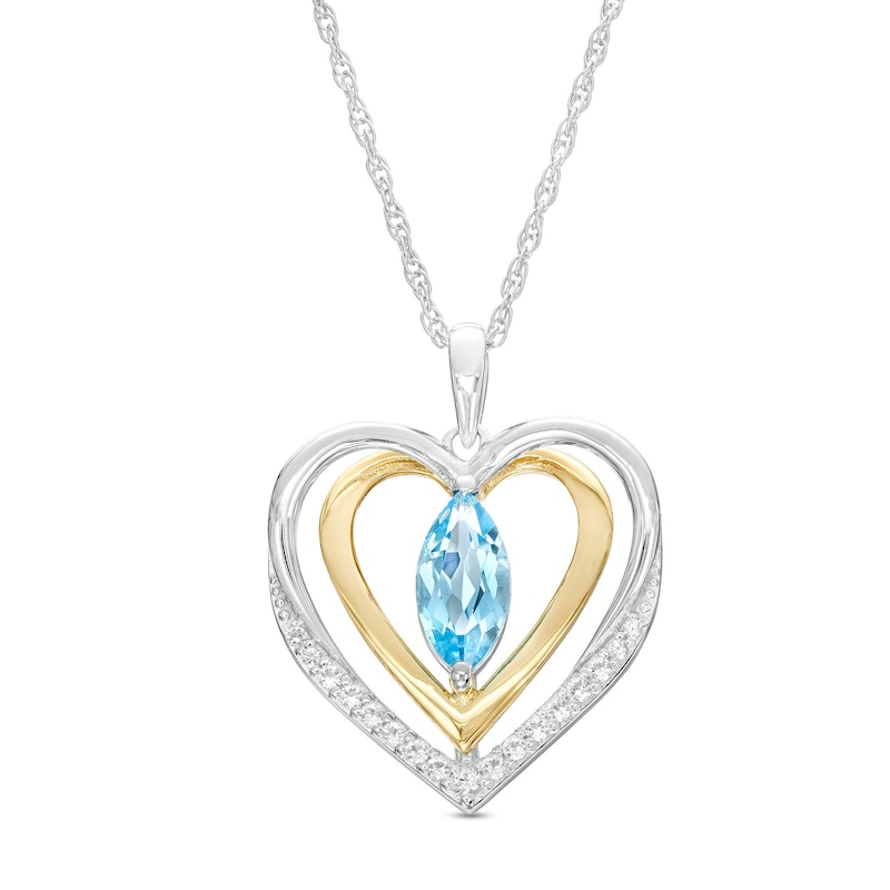 Main Image 1 of Marquise Swiss Blue Topaz and White Lab-Created Sapphire Open Double Heart Pendant in Sterling Silver and 14K Gold Plate