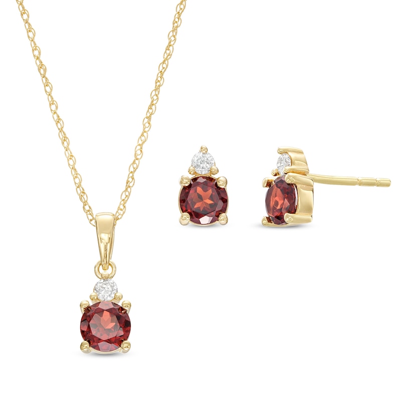 Main Image 1 of Garnet and 1/15 CT. T.W. Diamond Stacked Drop Pendant and Stud Earrings Set in 10K Gold
