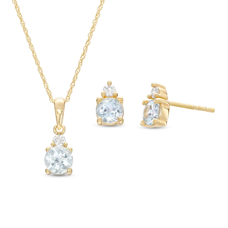 Main Image 1 of Aquamarine and 1/15 CT. T.W. Diamond Stacked Drop Pendant and Stud Earrings Set in 10K Gold