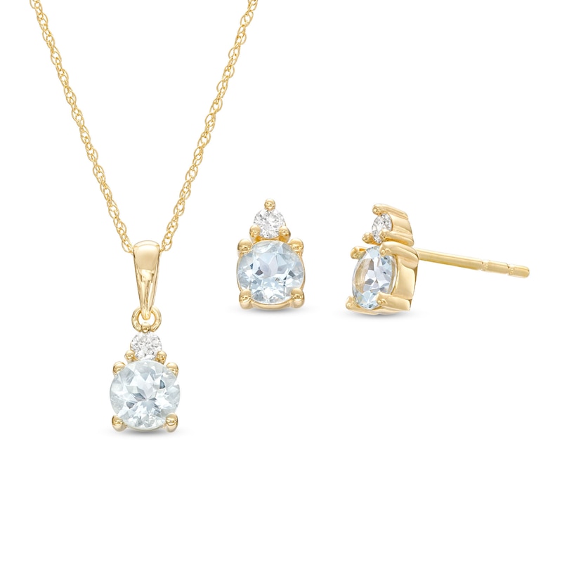 Aquamarine and 1/15 CT. T.W. Diamond Stacked Drop Pendant and Stud Earrings Set in 10K Gold