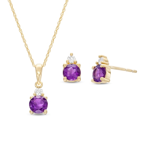 Amethyst and 1/15 CT. T.w. Diamond Stacked Drop Pendant and Stud Earrings Set in 10K Gold