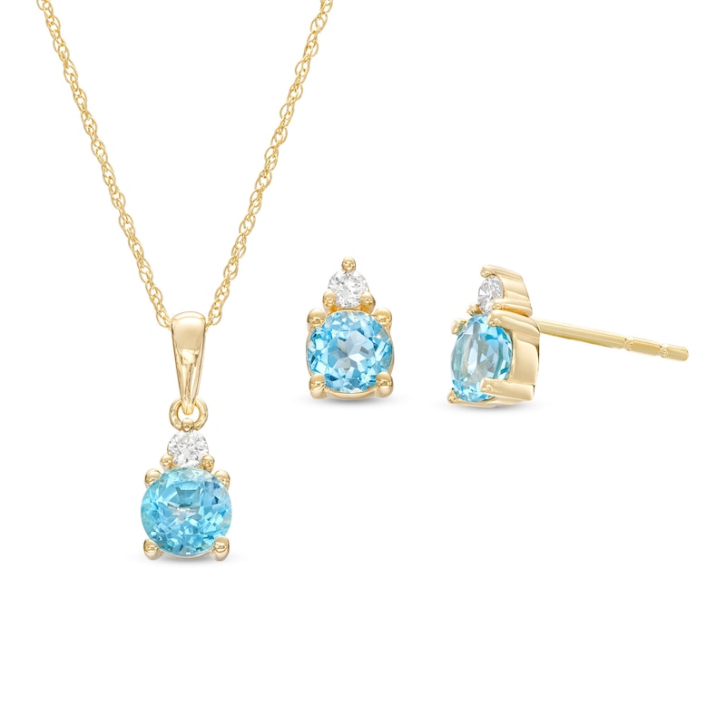 Main Image 1 of Swiss Blue Topaz and 1/15 CT. T.W. Diamond Stacked Drop Pendant and Stud Earrings Set in 10K Gold